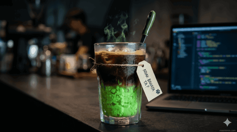 A steaming cocktail with a bright green minty bottom and a tag tied to the rim, placed on a bar beside a laptop showing code in the background.