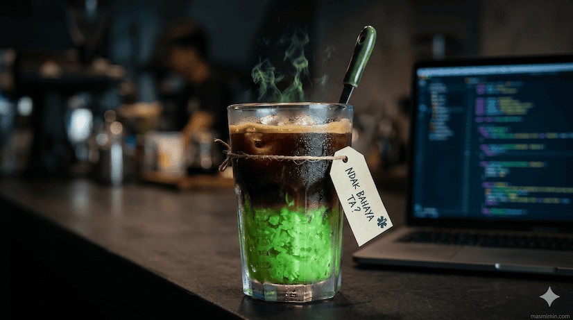 Es tape ketan hijau espresso perpaduan unik atau bencana sebuah catatan ndak bahaya ta - mas mimin A steaming cocktail with a bright green minty bottom and a tag tied to the rim, placed on a bar beside a laptop showing code in the background.