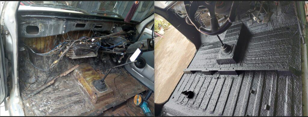 Split image of a vehicle interior before and after: left shows a rusted, wiring-filled dashboard area; right shows a freshly coated black bed liner with a gear shifter and steering wheel visible.